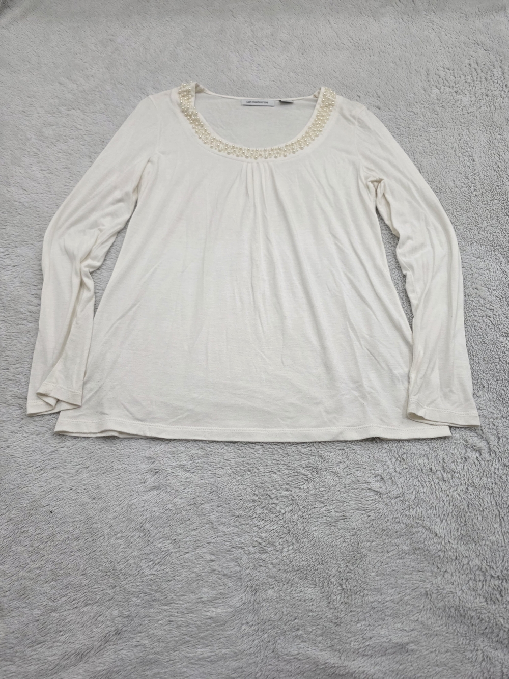 Liz Claiborne Cream Long Sleeve Scoop Neck Top with Pearl Detail